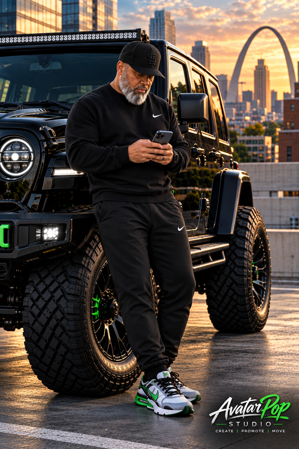 Avatar Pop Studios AI Twin beside a black Jeep with the St. Louis Gateway Arch at sunset