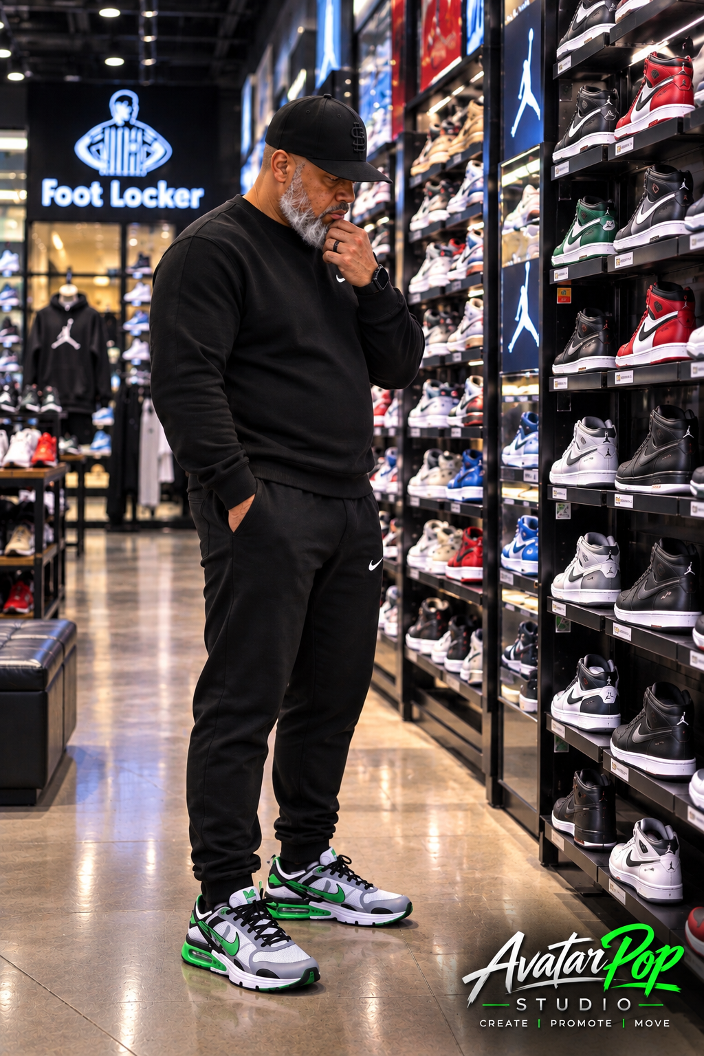 AI Twin browsing sneakers in a shoe store