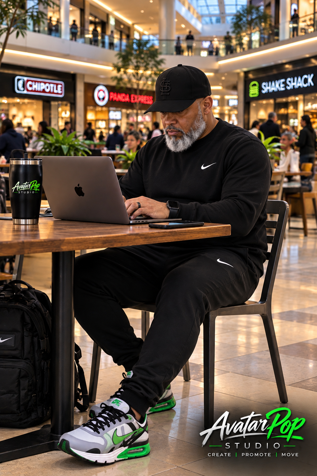 AI Twin working on a laptop in a bright mall food court